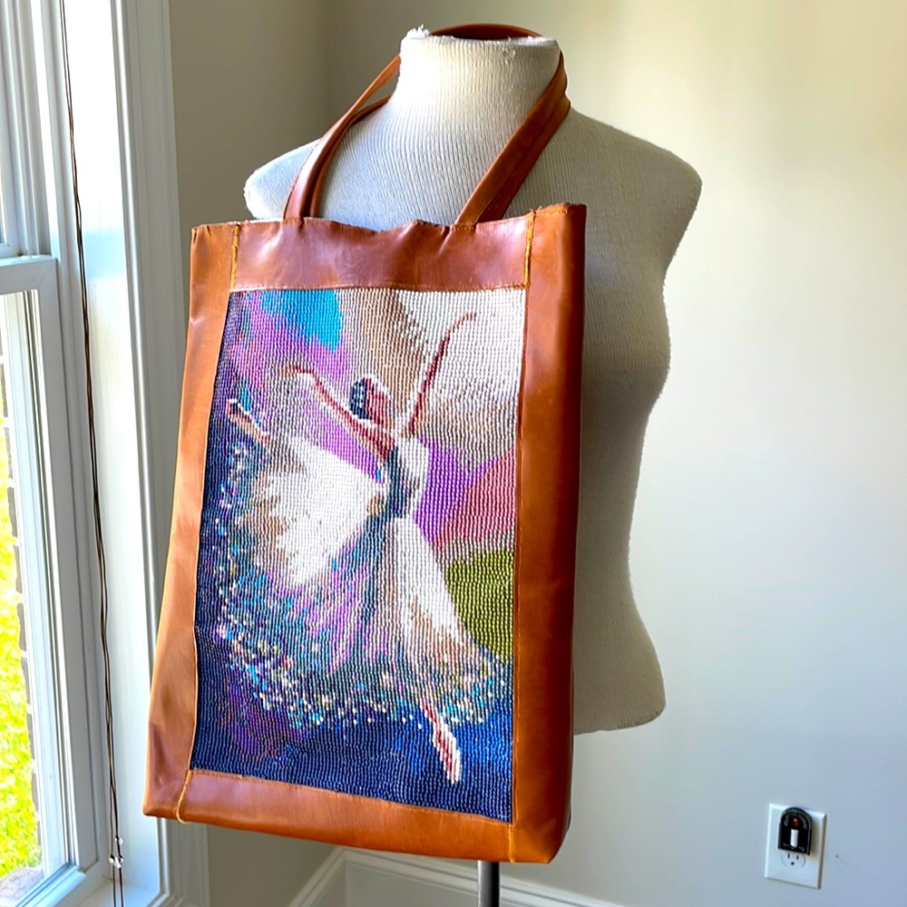 Hand made 3 D paining leather tote bag